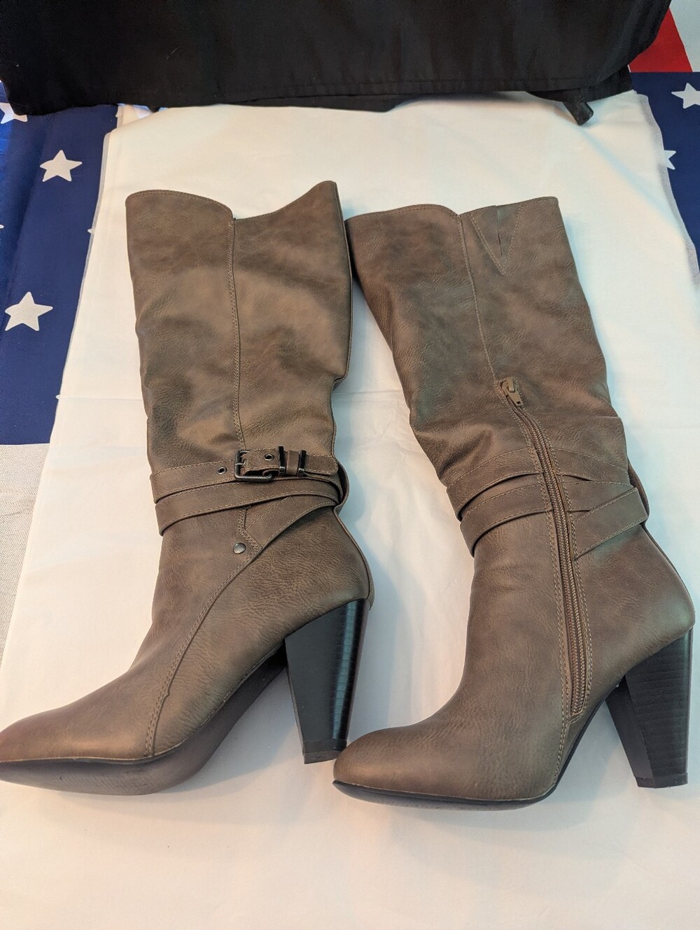 Rampage Women's 6.5 Eloise Taupe Knee 4 Inch Heeled Boots With Side Zip